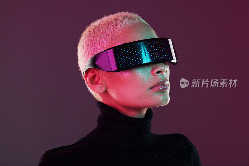 Vr glasses, woman and metaverse for futuristic gaming, digital transformation and tech. Cyberpunk person face on studio background with virtual or augmented reality headset for 3d and cyber world ux